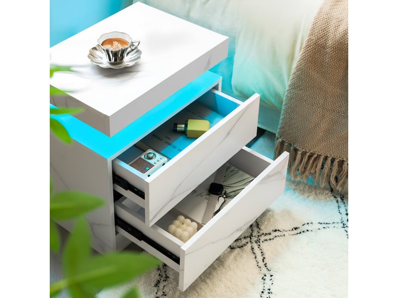  Table de chevet,50x53x36 cm,2 tiroirs avec éclairage led,blanc mat  - Conforama D