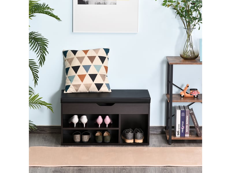  Meuble à chaussures d'entrée rembourré, gain de place, avec 3 compartiments, assise en similicuir, pour salon et couloir, 80 x 30 x 43 cm, noir  - Conforama C
