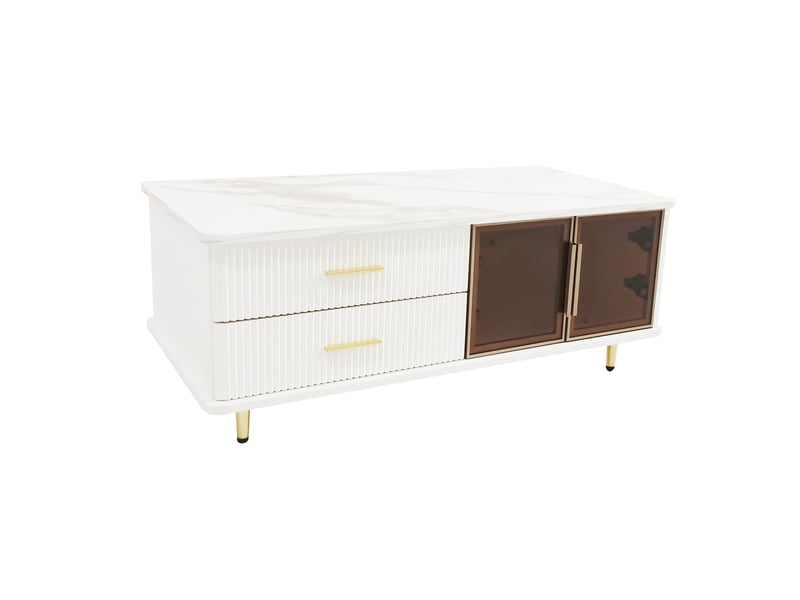 Table basse 100x50x40 cm avec led, 2 tiroirs et 2 portes vitrées, panneaux de particules décor marbre, blanc et doré ABC - Conforama A