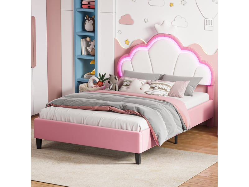  Lit double 140x190 cm avec éclairage led et tête de lit réglable en hauteur, lit capitonné en velours rose, structure de lit avec sommier à lattes  - Conforama B
