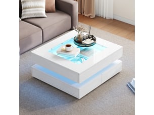 Table basse 70x70x35 cm avec led, 3 tiroirs et plateau en verre trempé, finition brillante, panneau de particules, blanc