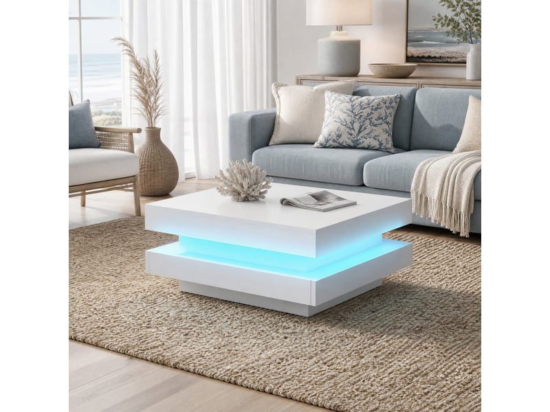  Table basse carrée blanche brillante avec led et plateau rotatif 360°, 70 x 70 x 36 cm  - Conforama B