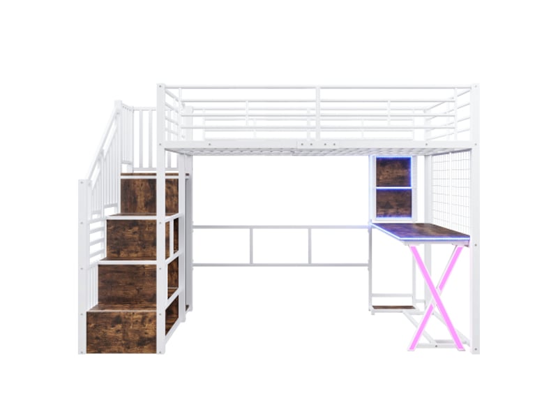  Lit mezzanine 140x200 cm, lit double, led, escalier rangement, bureau, penderie, étagères, blanc, sans matelas  - Conforama D
