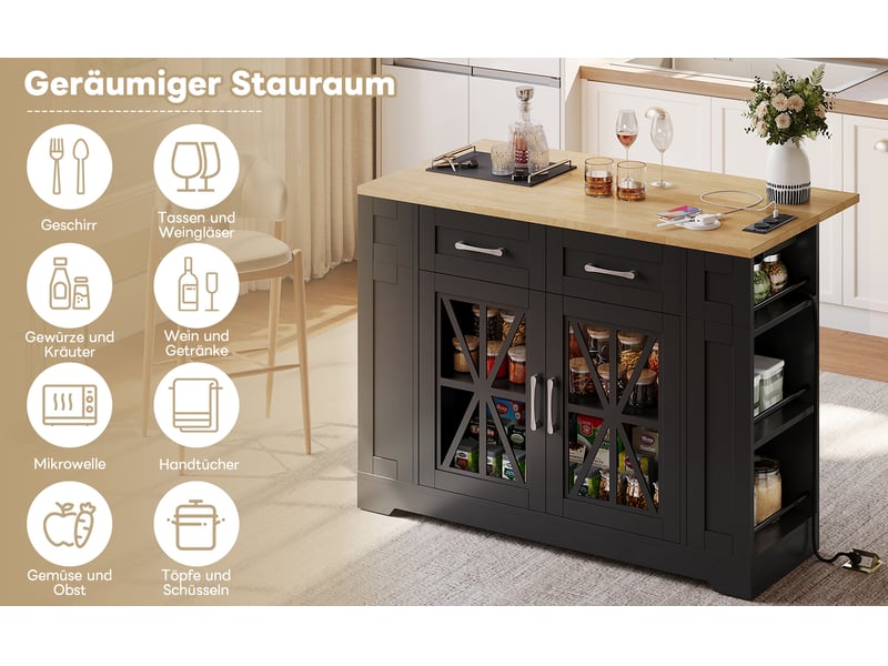  Îlot de cuisine mobile 120 × 4065 × 92 cm en mdf, table rabattable, prises ac et usb, porte vitrée et roulettes freinées  - Conforama E