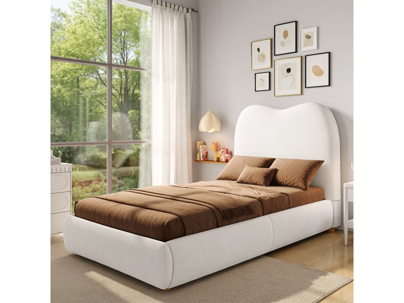 Lit d'enfant 90 × 200 cm, rangement hydraulique, avec sommier, tête de lit, velours, rose - Conforama D