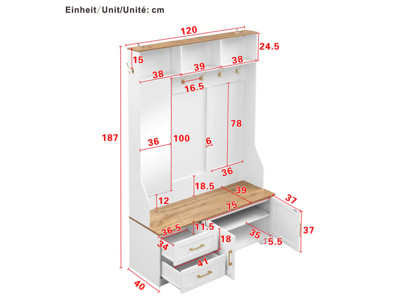  Vestiaire d'entrée avec led miroir crochets et tiroirs mdf blanc et bois 120x40x187 cm GL1101W - Conforama C
