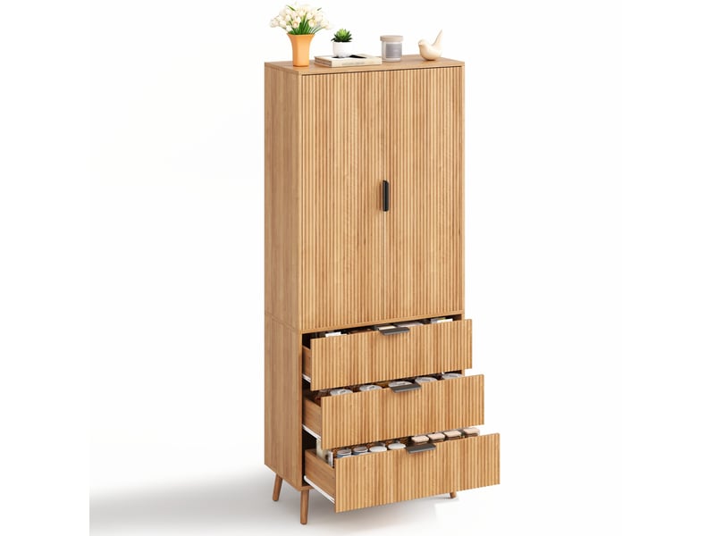  Buffet haut 75 x 35 x 180 cm – naturel – 2 portes, 3 tiroirs et rangement cuisine modulable et pratique  - Conforama A