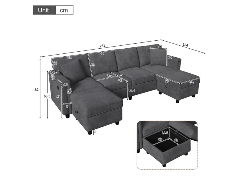  Canapé modulable modenvie 4 places avec 2 poufs de rangement, convertible en l ou en u, tissu chenille gris, 261 x 134 x 82 cm  - Conforama C