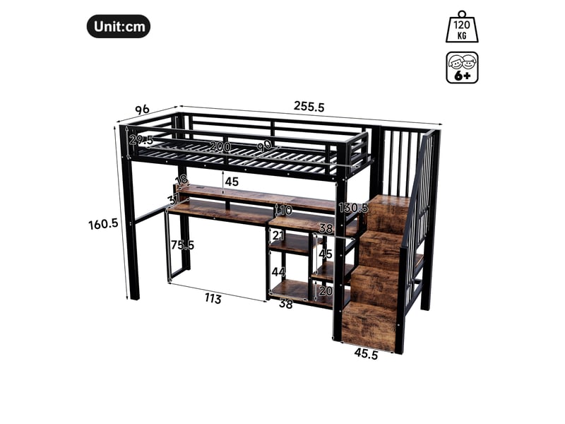  Lit mezzanine enfant simple 90×200 cm avec étagères, usb, type-c et led - okmyhome- sans matelas noir  - Conforama D