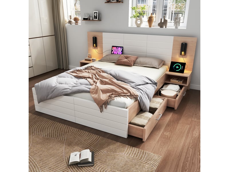 Lit double 180x200 cm avec rangement, 2 tiroirs et 2 chevets, tête de lit avec lampe de lecture USB, sommier à lattes effet bois et blanc - Sans matelas Fay Lum - Conforama B