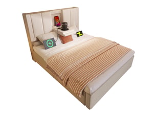 Lit coffre 1 place 90 x 200 cm beige avec matelas, sommier à lattes et station de charge