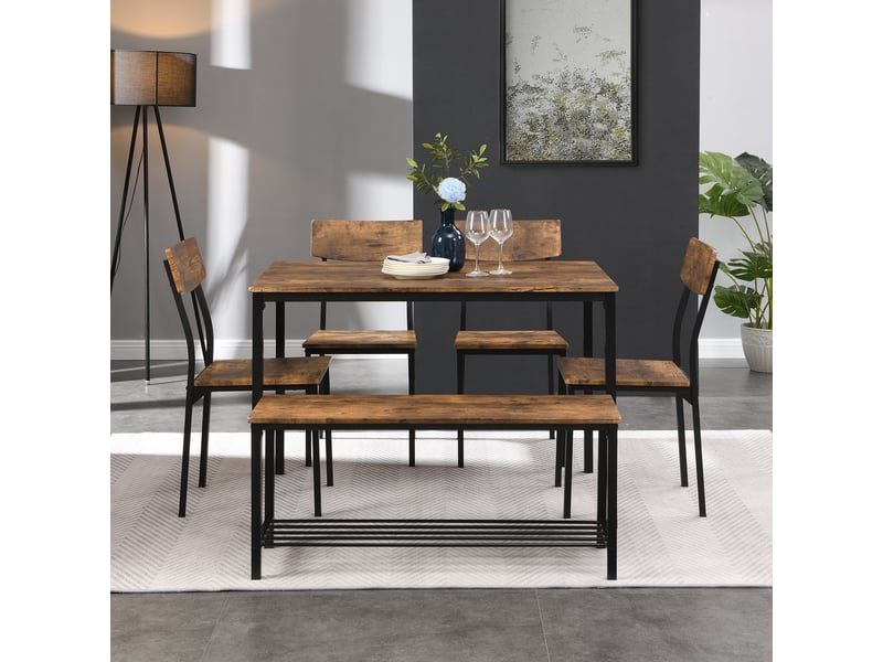  Ensemble salle à manger style industriel, table avec quatre chaises et un banc, plateau mdf brun et structure en acier noir  - Conforama B
