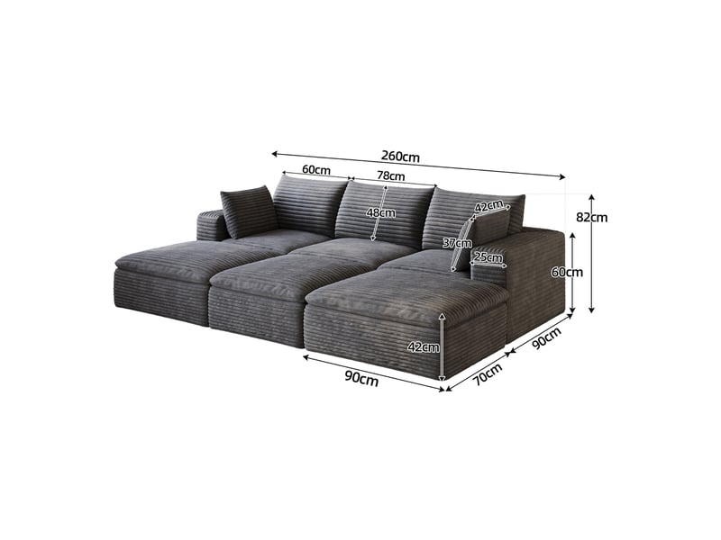 Canapé modulaire 6 places à coussins amovibles, soutien en mousse, sans montage, en velours côtelé gris foncé - Conforama C