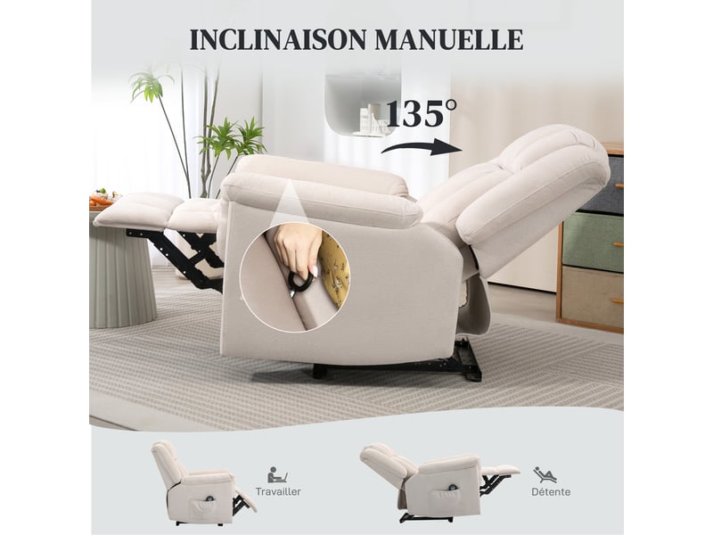 Fauteuil relax massant et chauffant en tissu chenille beige 85x91x104 cm  - Conforama E