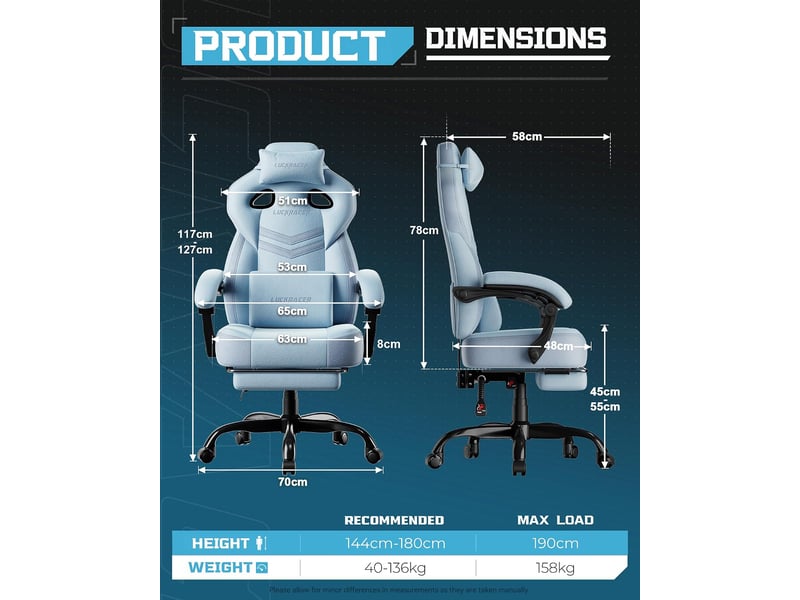 Gtplayer chaise de jeu en tissu avec accoudoirs synchronisés, inclinaison de 90-155° et repose-pieds - bleu - double ligne LR408-BL-DL-FA - Conforama B