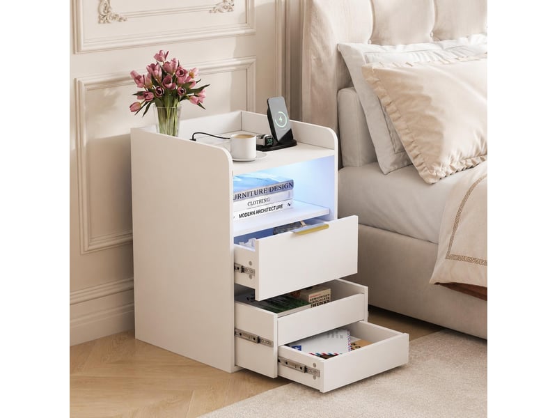  Table de chevet 40x40x60 cm avec station de charge, compartiment caché, bout de canapé led rgb et prises usb a c, avec 2 tiroirs, blanc  - Conforama B