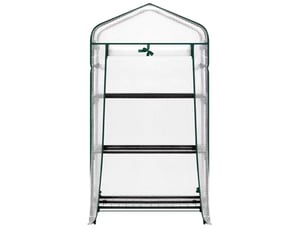 Petite serre de jardin avec étagères, roulettes et porte enroulable