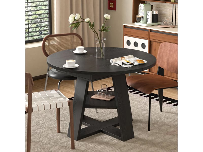  Table de salle à manger pour 4 à 6 personnes extensible avec rangement intégré et tablette, moderne, en mdf noir  - Conforama C