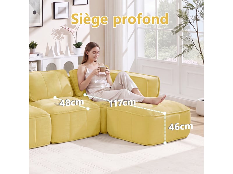 Canapé modulable d'angle en l,2 places avec 1 pouf,198x162x67cm,canapé à compression sans montage, mousse haute densité 32d,assise profonde,jaune - Conforama D