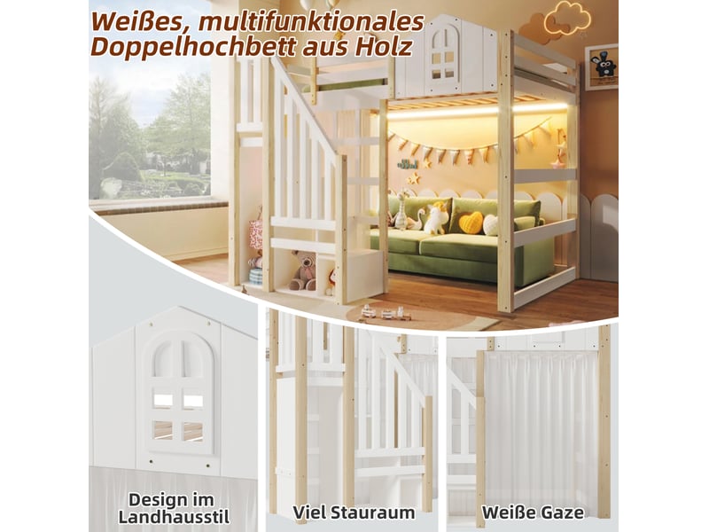  Lit mezzanine enfant 140x200 cm, avec lit simple, sommier, rangement, led, bois et mdf, blanc et naturel, sans matelas  - Conforama E