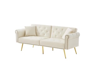 Canapé convertible 2 places velours beige pieds métal doré