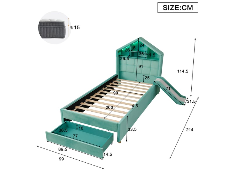  Lit enfant 90x200 cm bleu-vert en velours, avec toboggan réversible, led, rangement et charge, sans matelas  - Conforama C