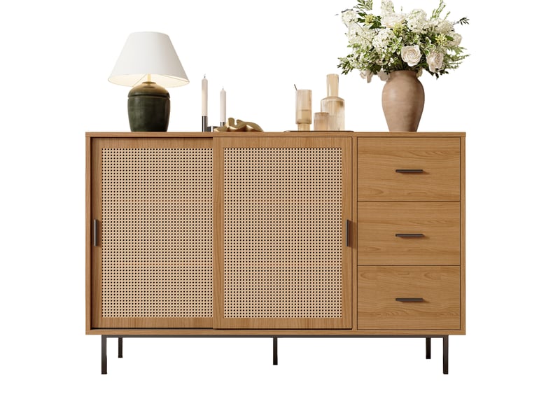 Buffet avec 2 portes coulissantes, 3 tiroirs et 3 étagères, rangement en panneaux de particules, 140×37×91 cm naturel - Conforama A