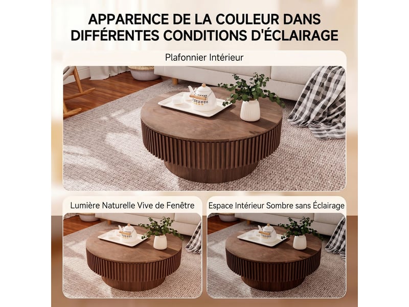  Table basse avec rangement table de salon en bois massif plaqué finition noyer forme ronde et style moderne  - Conforama C