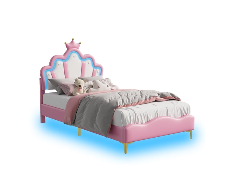  Lit princesse 90x200cm lit une place jeune avec tête de lit couronnée, led et sommier à lattes, rangement sous lit pour chambre de fille,sans matelas, pu,rose  - Conforama A