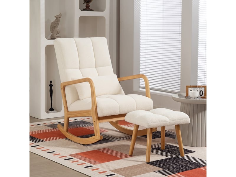  Fauteuil à bascule avec repose-pieds blanc, revêtement polaire et patins en bois, 64,5 x 82 x 99 cm  - Conforama D