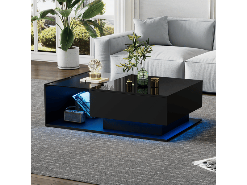  Table basse noire brillante 100 x 50 x 32 cm avec plateau en verre, tiroir et led  - Conforama B