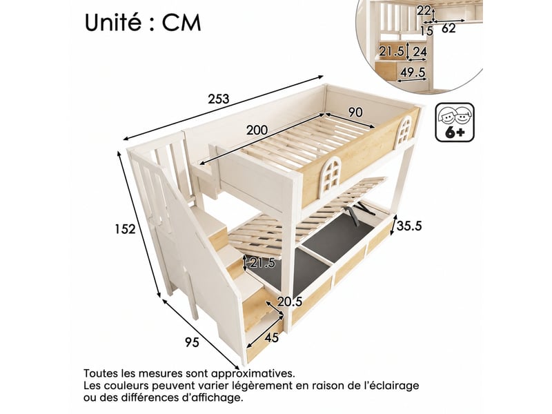 Lit superposé avec escalier et rangement, coffre, blanc et naturel, 90 x 200 cm - Conforama C