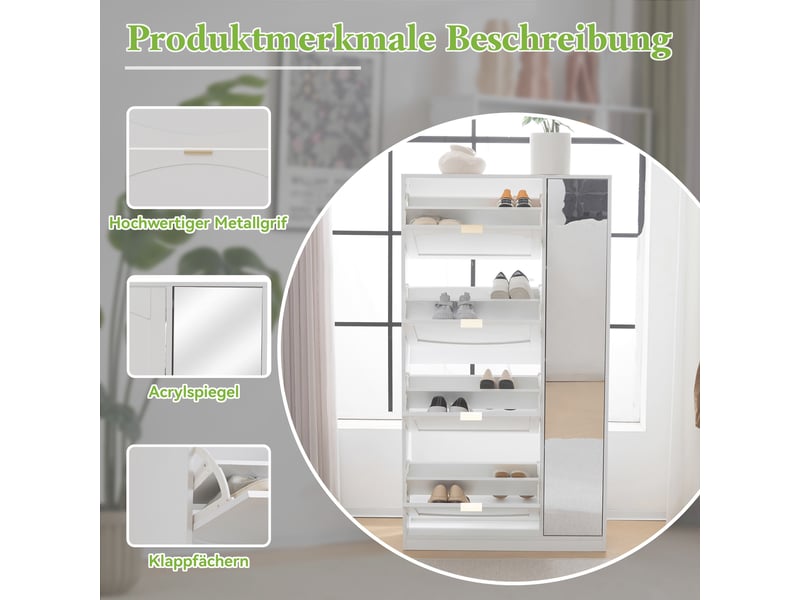 Meuble à chaussures avec 4 compartiments rabattables et étagères réglables avec miroir pour entrée 80×24×147 cm - uvrion - Conforama D