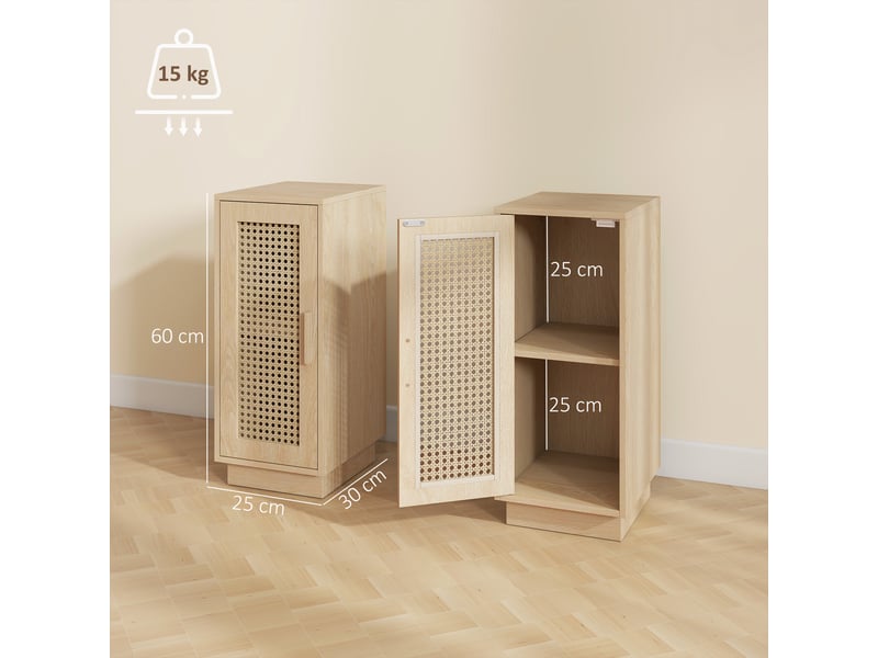  Lot de 2 tables de chevet, étagère réglable et porte en résine tressée, bohème, 25 x 30 x 60 cm, bois naturel  - Conforama E