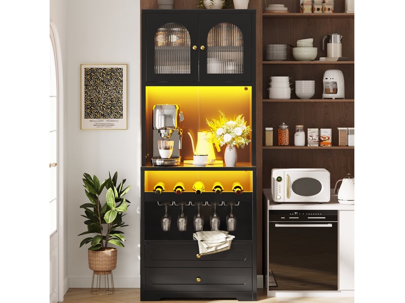  Buffet haut avec portes vitrées cintrées, led, casier à vin et prise usb pour le salon, noir, 140 × 40 × 180 cm  - Conforama D