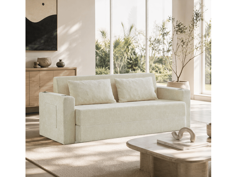 Canapé convertible 2 places pliable avec ports usb, porte-gobelets et poches latérales en chenille beige - Conforama B