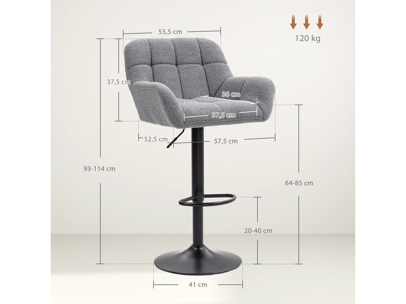  Lot de 2 tabourets de bar, style rétro, hauteur réglable, aspect polaire, gris et noir  - Conforama E