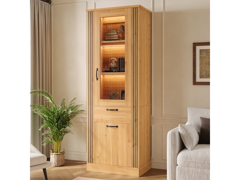  Vitrine 62 x 41 x 180 cm, porte miroir, éclairage led piloté par application, tiroir et étagères de rangement, poignées en aluminium, panneaux de particules, naturel  - Conforama B
