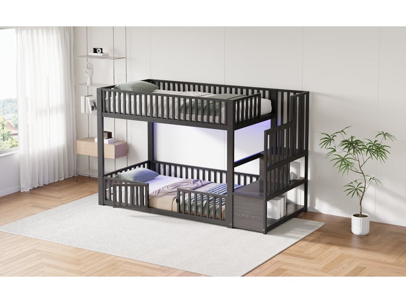 Lit superposé 90 x 200 cm, lit enfant à deux couchages, éclairage led, échelle, barrières de sécurité, sommier à lattes inclus, métal, noir Morn Vibe - Conforama E