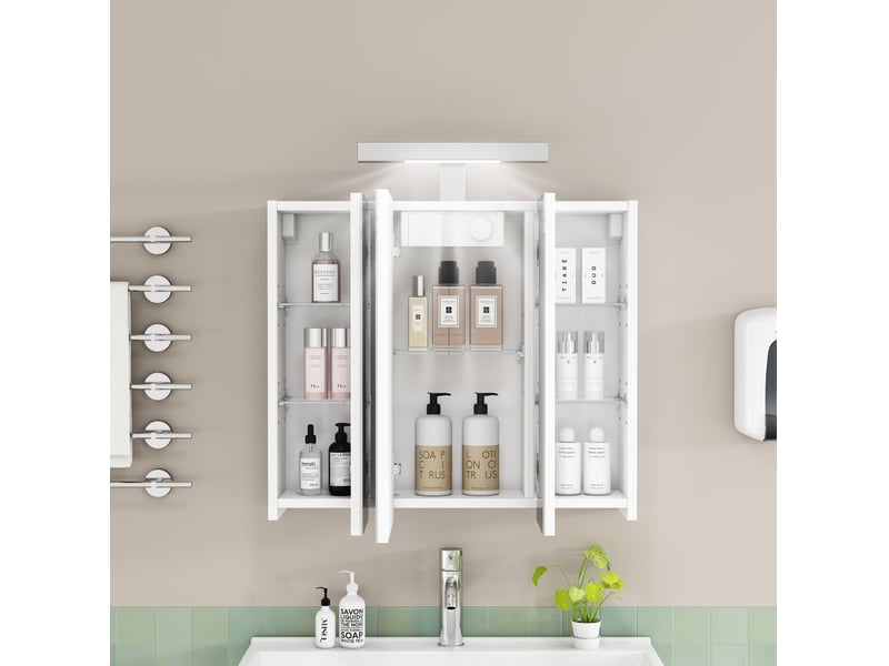 Armoire de salle de bains murale blanche 60 cm à 3 portes miroir, led et prise schuko, rangement pratique - Conforama E