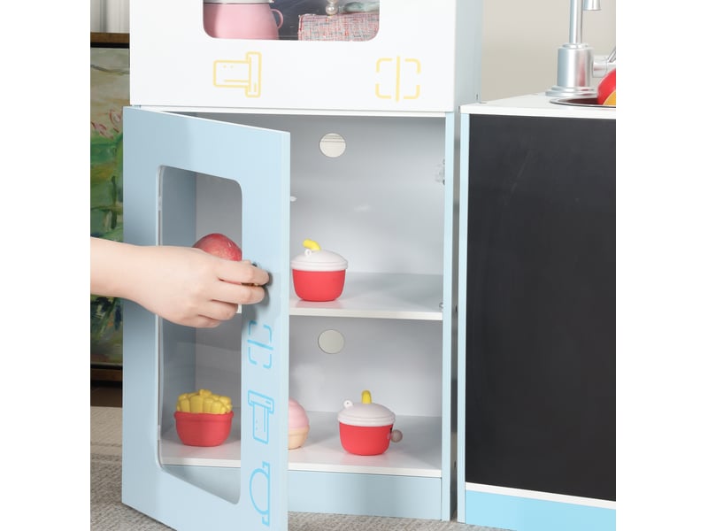  Magasin de jeu pour enfants 155x30x107,5 cm avec rayons, réfrigérateur, tableau noir inscriptible, comptoir latéral et robinet, mdf, bleu  - Conforama D