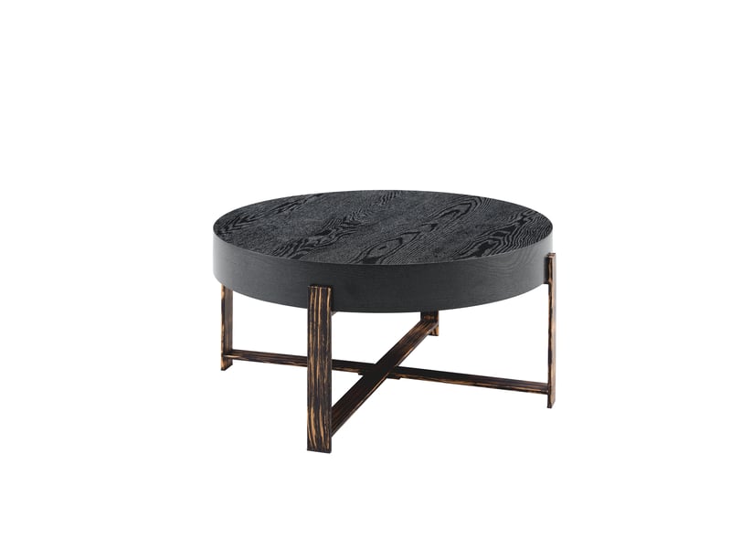  Table basse ronde noire diamètre 68 cm, effet bois vieilli et piètement métal bronze antique  - Conforama D