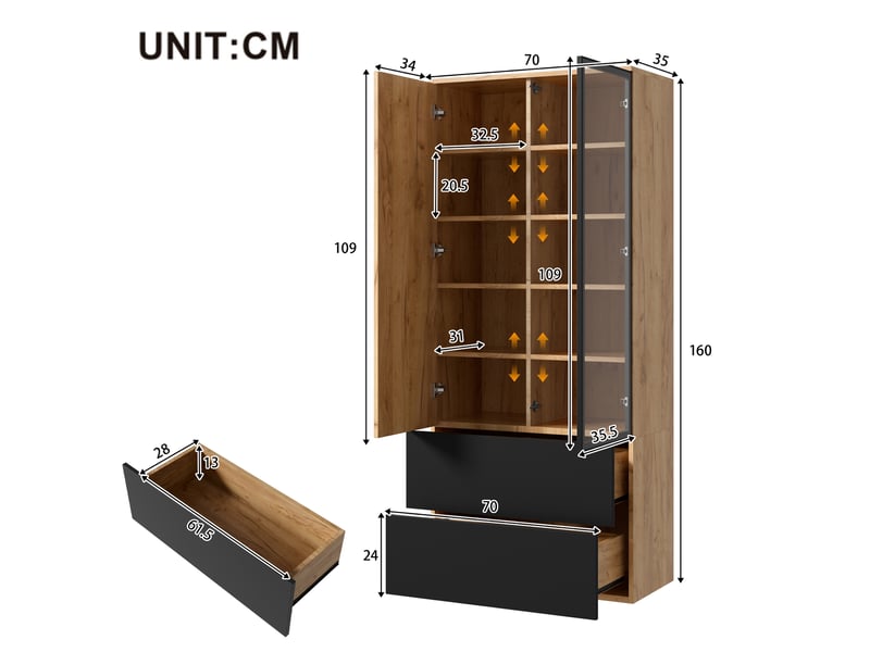 Vitrine led 70x35x160 cm avec 2 portes en verre, 2 tiroirs et 6 étagères réglables, meuble vitrine avec éclairage, panneau de particules ,bois naturel OMNIGLINT TRADING LTD - Conforama C