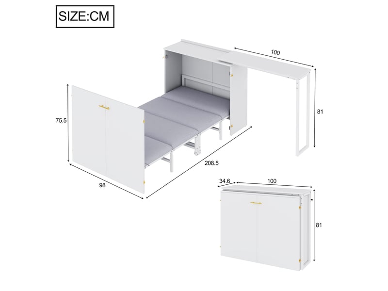 Lit escamotable 90x200 cm avec bureau pivotant et matelas, lit armoire ...
