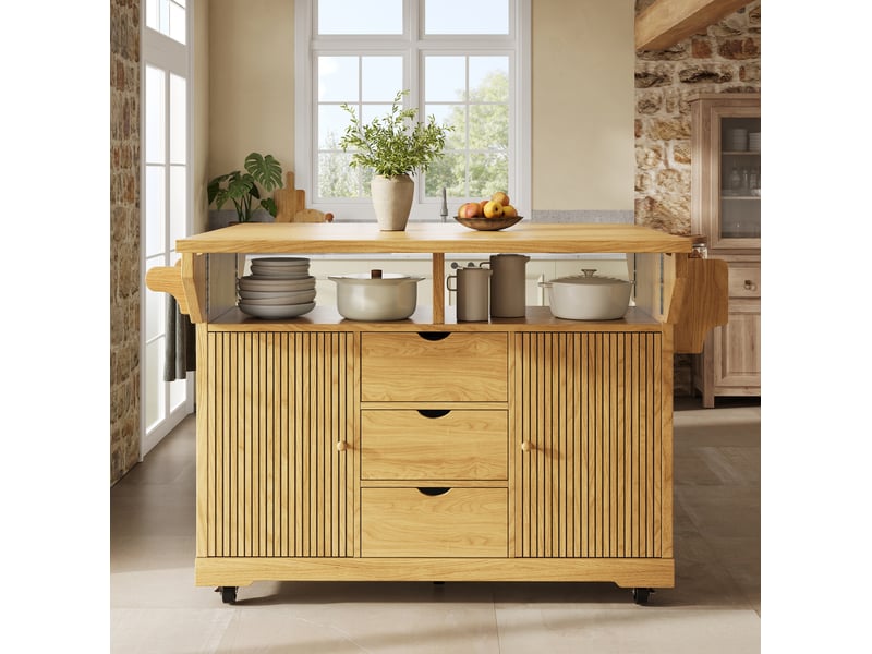  Desserte de cuisine mobile avec plateaux rabattables, 2 portes, 3 tiroirs et roulettes freinées en mdf marron naturel  - Conforama B