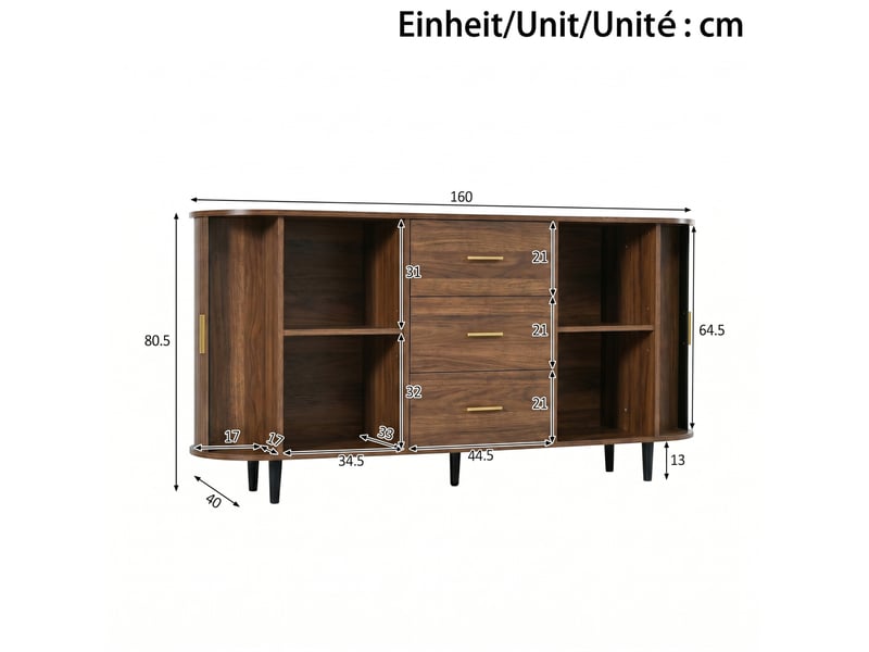  Buffet bas 160x40x80,5 cm avec 3 tiroirs et portes coulissantes coloris noyer  - Conforama C