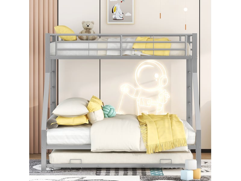  Lit superposé 3 places 90 × 200 cm et 140 × 200 cm, couchage gigogne 90 × 190 cm, sans matelas, métal argenté  - Conforama C