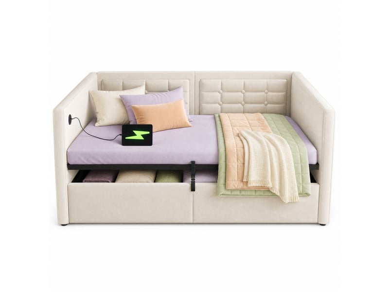  Lit banquette coffre 90x200 cm en velours beige avec usb et type-c  - Conforama A