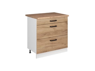 Vicco meuble cuisine, chêne doréblanc, 80cm avec 3 tiroirs plan de travail chêne doré
