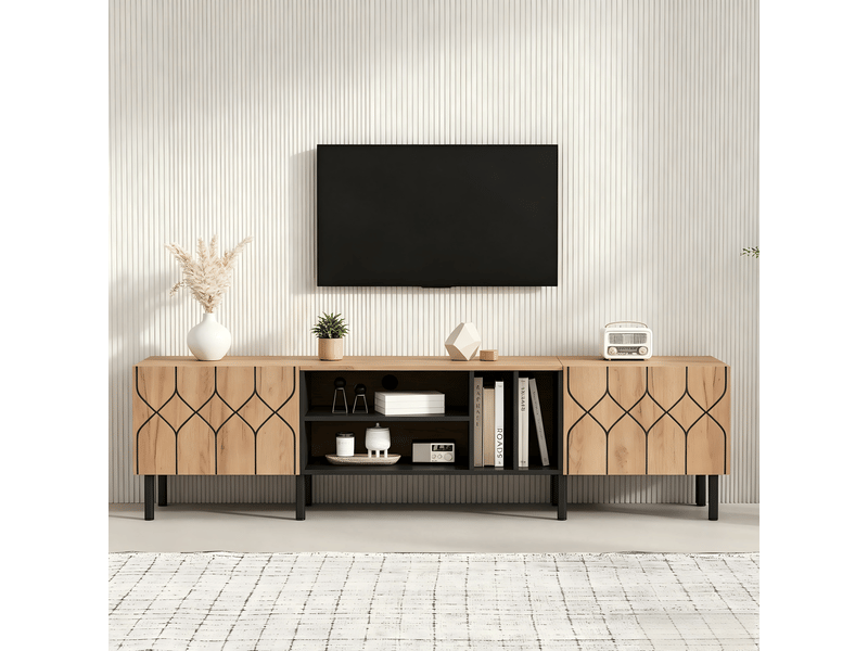  Meuble tv 180 cm pour téléviseur jusqu'à 70 pouces, meuble tv bois naturel et noir avec rangement fermé et quatre niches ouvertes  - Conforama D
